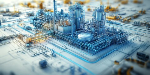 Poster - Industrial plant showing complex pipeline networks and equipment in a high-tech facility situated in a manufacturing zone during daytime