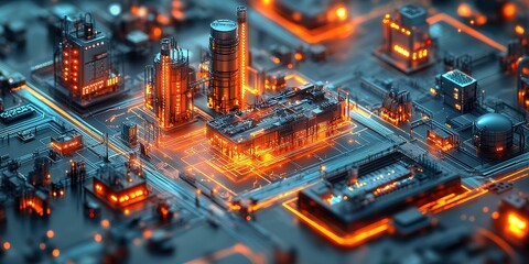 Poster - Futuristic industrial cityscape illuminated at night showcasing technological advancements and urban development