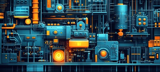 Poster - Machinery circuit with glowing elements in a futuristic industrial setting showcasing vibrant colors and intricate designs