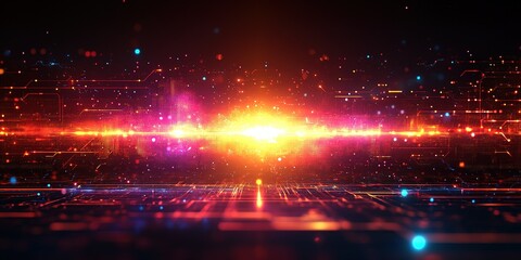 Fototapete - Vibrant digital background of abstract light patterns with glowing elements and lines on a dark backdrop