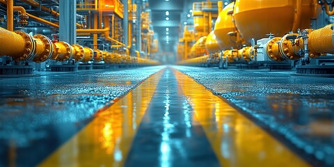 Poster - Industrial facility showcasing pipelines and machinery in a well-lit environment with reflective surfaces and vibrant colors