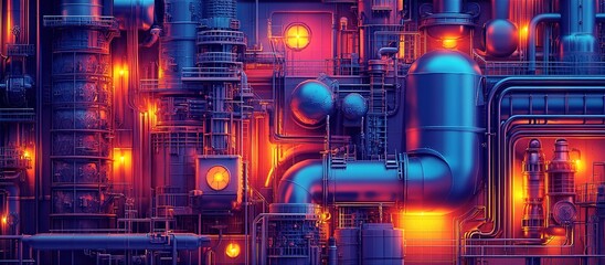 Poster - Industrial pipes and machinery illuminated with vibrant colors in an abstract configuration