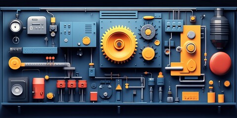 Poster - Colorful industrial machinery layout showcasing gears, pipes, and controls against a dark background