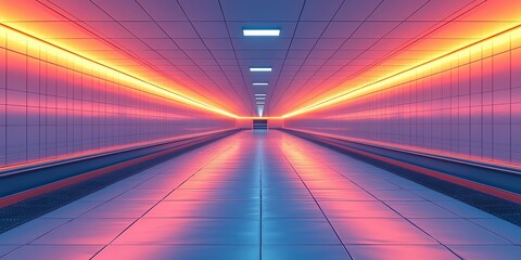 Poster - Vibrant neon-lit tunnel with reflections and modern architectural design in urban environment