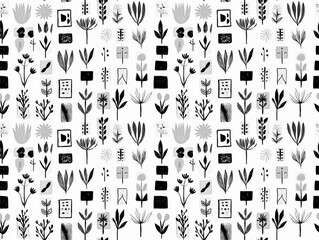 Aufkleber - seamless black and white pattern featuring abstract floral and geometric shapes, creating retro and minimalistic design. arrangement includes leaves, flowers, and various rectangles