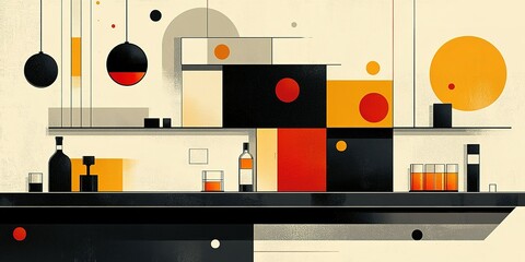 Poster - Abstract art depicting a modern bar scene with geometric shapes and rich colors in a minimalist style
