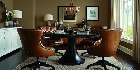 Poster - Modern dining area features elegant brown leather chairs and a stylish round table near a window