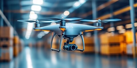 Poster - Advanced drone flying in a modern warehouse during daylight showcasing efficient logistics operations