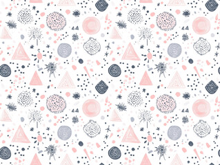 Aufkleber - seamless pattern featuring abstract shapes in soft pink, gray, and black tones. design includes triangles, circles, and various doodles, creating playful and minimalistic aesthetic
