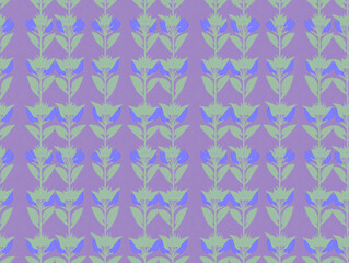 Aufkleber - seamless pattern featuring stylized floral motifs in shades of blue and green on purple background, creating retro and abstract design. repetitive arrangement adds subtle and minimalistic charm