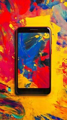 Poster - Smartphone Displaying Abstract Art: Vivid colors dominate the screen and background, blending tech with art.