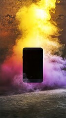 Poster - Sleek mobile device showcased amidst vibrant clouds of swirling yellow, purple, and orange smoke.