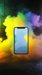 Poster - Mobile device surrounded by vivid rainbow colored smoke. Device with golden frame on display.