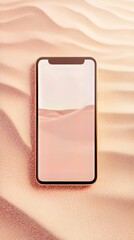 Poster - Peach-toned smartphone displays desert landscape resting atop a surface with wavy patterns.