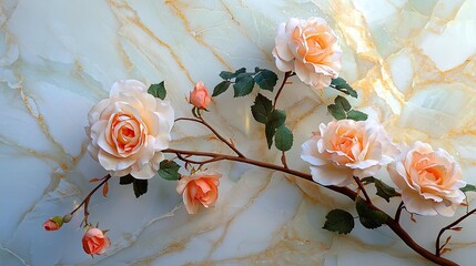 Leinwandbilder - Stunning marble surface with delicate pink roses blooming through elegant swirls.