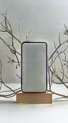 Poster - Minimalist digital device on wooden stand amidst subtle organic branches against a muted background.