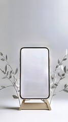 Poster - Device display on stand, showcasing sleek tech with neutral botanical accents against a clean backdrop.
