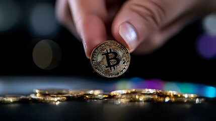 Poster - Female hand holding golden bitcoin coin against blurred city nightscape with colorful bokeh lights, representing digital currency and modern finance.