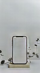 Poster - Smartphone mockup stands gracefully amid sparse foliage, minimalist modern technology and nature blend.