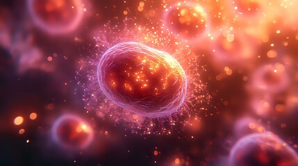 Poster - Glowing red cells with luminous plasma membranes floating in dark space, microscopic view of biological structures with bokeh light effects and particles.