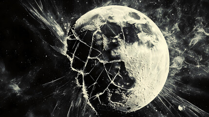 fractured moon: a cosmic abstract. lunar fracture. illustration