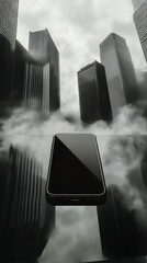 Poster - Sleek device with the city reflecting on the screen and atmospheric fog surrounding the city.