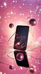 Poster - Smartphone with reflective surface, illuminated by pink bokeh and orb decorations.
