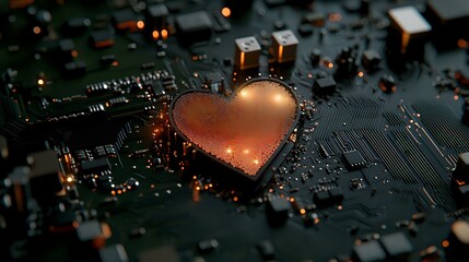 Poster - glowing heart shape on computer circuit board with orange light effects and bokeh. digital love conc