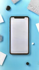 Poster - Sleek smartphone with blank screen on blue surface, surrounded by decorative elements and minimalist design.