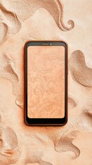 Poster - Phone on textured surface with paisley design, showcasing modern tech and classic elegance in muted tones