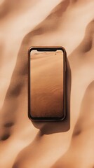 Poster - Phone resting on sand, screen reflects desert landscape; technology meets nature in warm, earth tones.