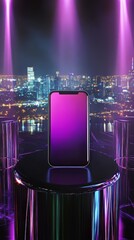 Poster - Sleek smartphone with a vibrant display, showcased against a futuristic city backdrop. Modern technology.