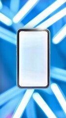 Poster - Smartphone on illuminated blue background. Modern phone with blank screen for display and digital designs.