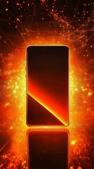 Poster - Smartphone with vibrant light effects, showcasing its reflective surface and sleek design in a fiery ambiance.