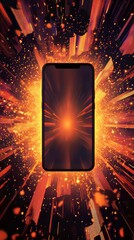 Poster - Mobile device radiating light with particles, showcasing a vibrant display of illumination and technology.