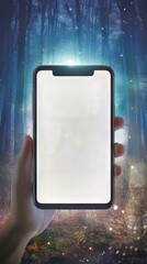 Poster - Illuminated screen of a phone held up in a mystical forest, magical technology, digital connectivity.