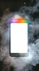 Poster - Modern mobile device featuring a rainbow-colored top, floating amid smoke, against a dark background.