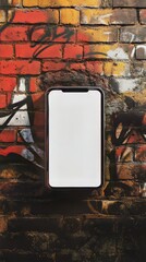 Poster - Smartphone mockup against a textured brick wall; blank screen for app or content presentation.