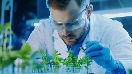 Poster - Scientist examining plant samples in a lab, focusing on growth, innovation, and research