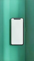 Poster - Sleek phone with a blank white screen against a minimalist light green background. Modern communication.