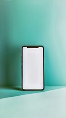 Poster - Modern cellphone mockup with a white screen set against a minimalist teal backdrop for a sleek tech display.