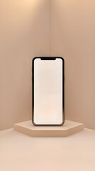 Poster - Mockup showcasing a modern phone with a blank white screen against a soft, neutral backdrop.