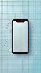 Poster - Mobile device with blank screen on a blue tiled surface with geometric pattern, ready for customization.