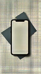 Poster - Sleek phone mockup on geometric tiles with modern, minimalist design elements. Neutral color palette.