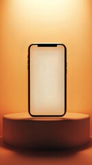 Poster - A smartphone stands upright on a podium, set against a warm, golden-orange backdrop. Minimalist aesthetic.