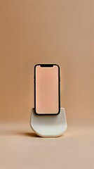 Poster - Smartphone resting on a white curved stand against a beige background showcasing minimalist design.