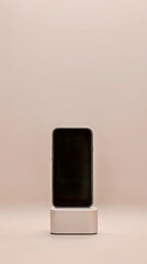 Poster - Sleek smartphone on a minimalistic stand, showcasing tech design with a clean, neutral background.