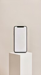 Poster - Mobile phone on a minimalist display stand, featuring a blank screen for customizable content.