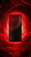 Poster - Modern smartphone with a sleek design against a vibrant, abstract red energy background.