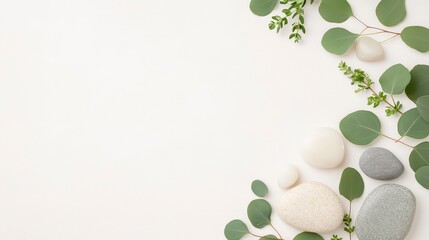 Poster - Calm arrangement of smooth stones and green leaves on a light background, perfect for wellness or nature themes.